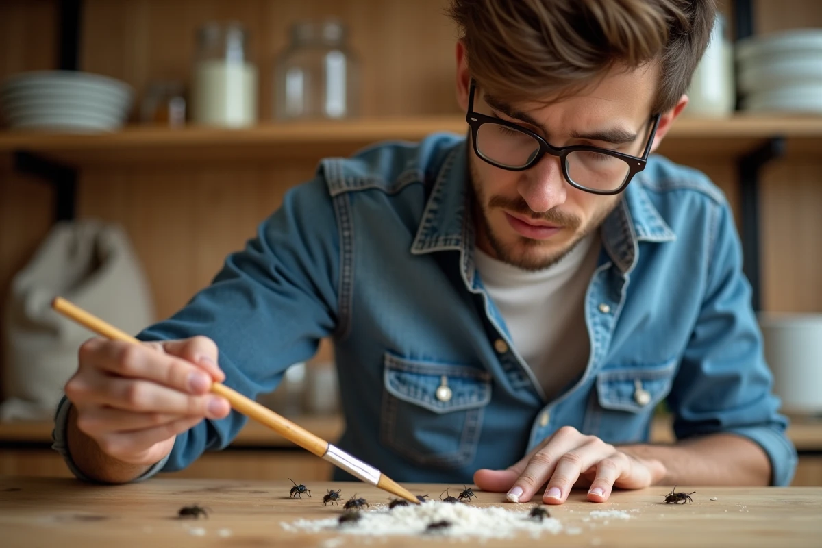 Jeune homme nettoyant de petits insectes dans la cuisine