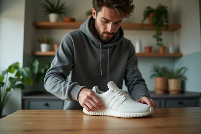 Jeune homme en streetwear déballant des sneakers dans une cuisine moderne