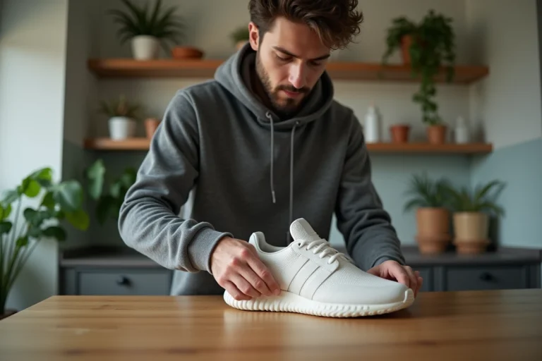 Jeune homme en streetwear déballant des sneakers dans une cuisine moderne