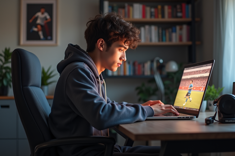 Jeune homme concentré sur un forum sportif à la maison