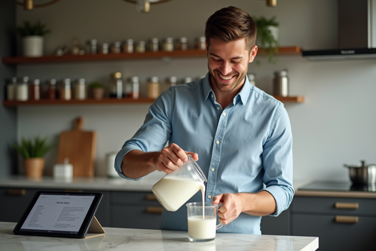 Jeune homme verse du lait dans un verre mesureur