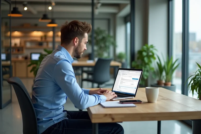 Jeune homme professionnel utilisant un ordinateur portable dans un bureau moderne