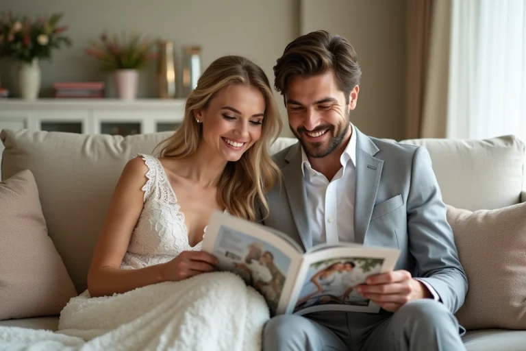 Jeune mariée et marié lisant un magazine de mariage dans un salon lumineux