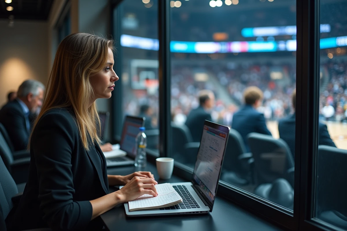 Femme journaliste sportive regardant un match de basket
