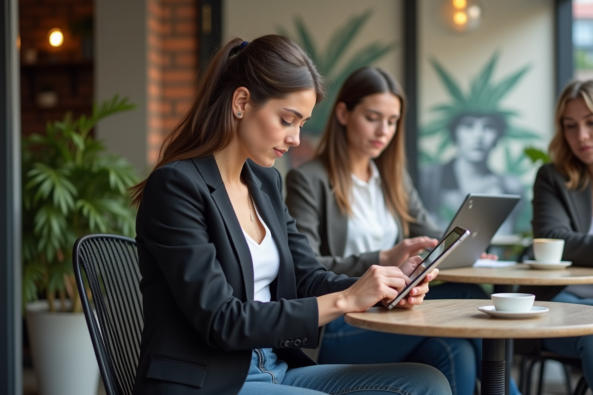 Jeune journaliste au café utilisant une tablette