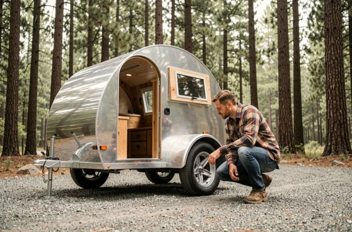 Kit de remorque teardrop en aluminium poli installé sur un camping en forêt de pins, homme inspectant le bas de caisse