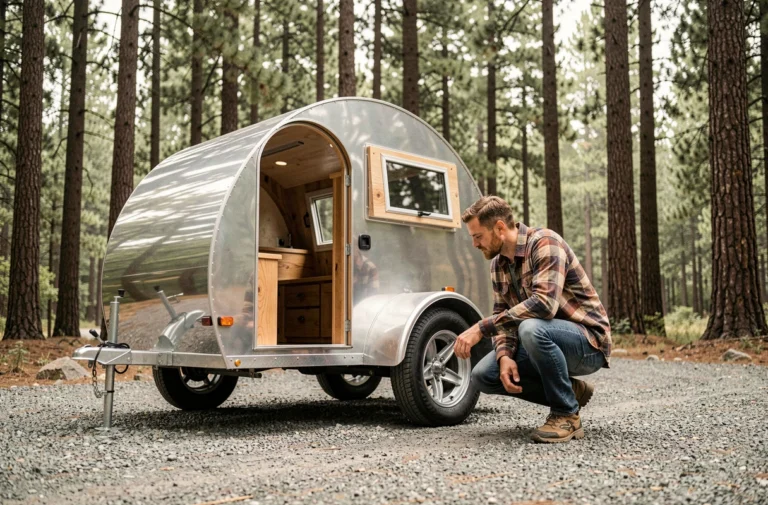 Kit de remorque teardrop en aluminium poli installé sur un camping en forêt de pins, homme inspectant le bas de caisse