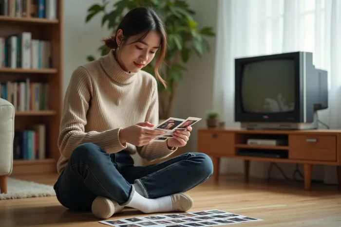Femme en look casual années 90 avec col roulé côtelé et jean droit assise sur le sol d'un appartement minimaliste nostalgique