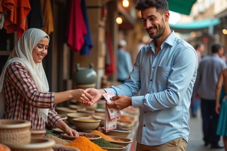 Jeune homme marocain échangeant de l'argent au marché