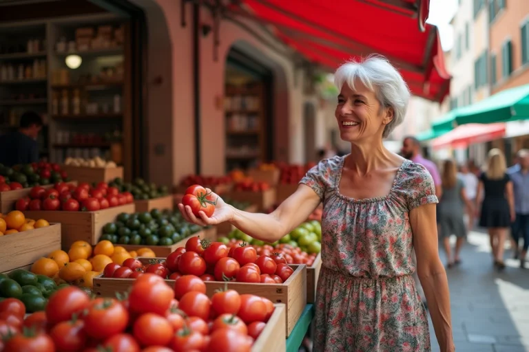 Femme italienne souriante vendant des tomates au marché
