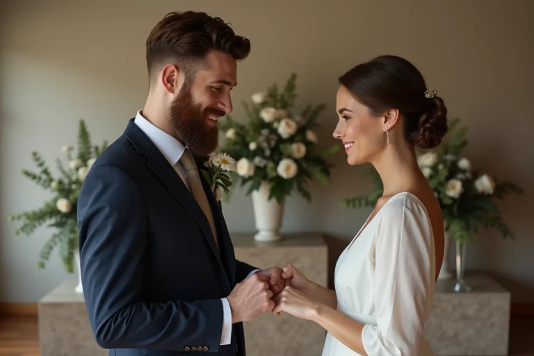 Jeune couple marié souriant lors d'une cérémonie intime