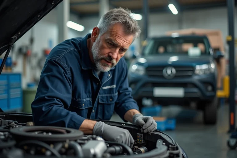 Mécanicien homme examinant un moteur de voiture dans un atelier