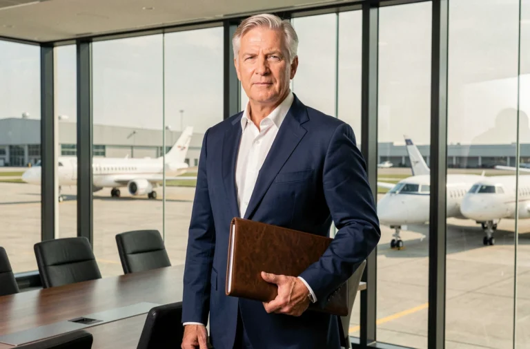 PDG de Dassault Aviation en costume bleu marine dans une salle de réunion avec vue sur des avions d'affaires sur le tarmac