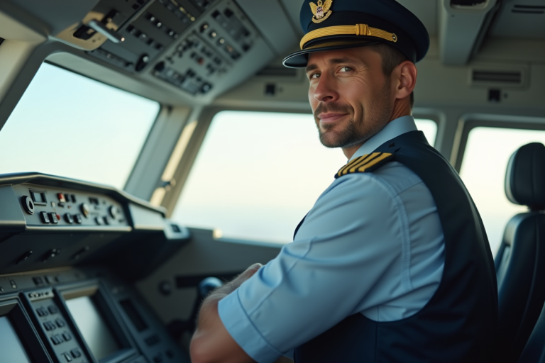 Pilote de ligne confiant dans le cockpit lumineux
