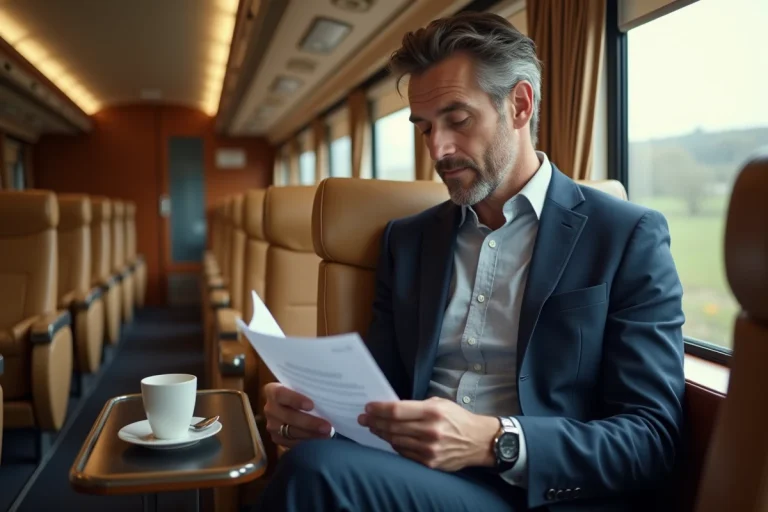 Homme en première classe de train, assis dans un siège en cuir spacieux avec un café et des documents de travail