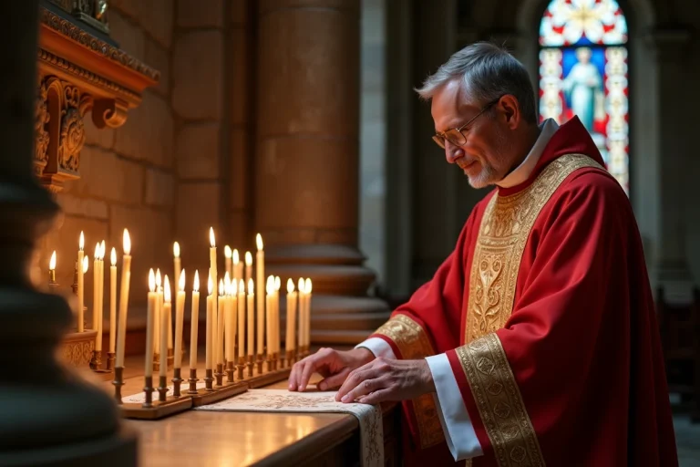 Prêtre en vestments liturgiques arrangeant des bougies sur un autel ancien