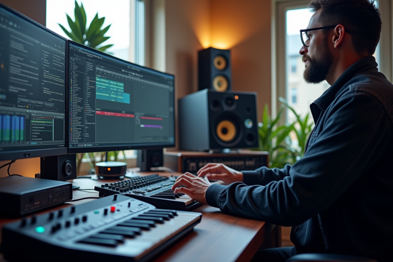 Producteur de musique en studio avec moniteurs et clavier MIDI