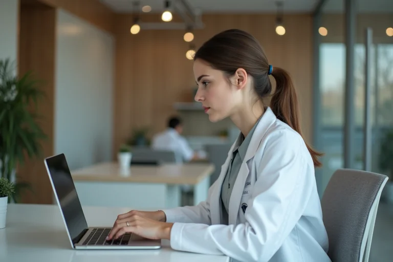 Professionnelle de santé utilisant une plateforme digitale moderne