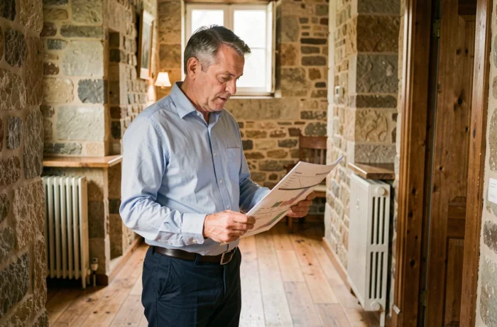 Propriétaire examinant un rapport d'évaluation énergétique dans le couloir de sa maison ancienne