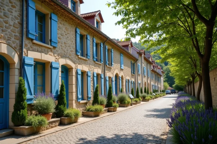 Rue pittoresque d'un quartier résidentiel français avec maisons en pierre et volets bleus