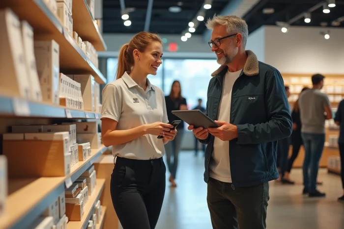 Vendeuse conseillant un client en magasin dans le cadre d'une relation commerciale BtoC