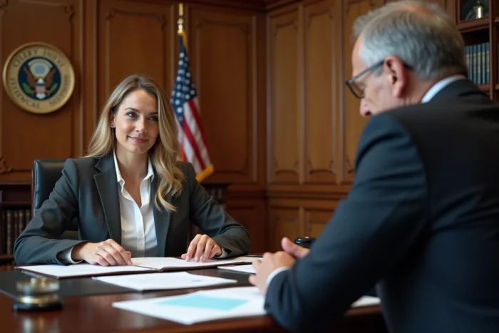 Dirigeante d'entreprise en réunion officielle avec un fonctionnaire dans le cadre d'une relation BtoG