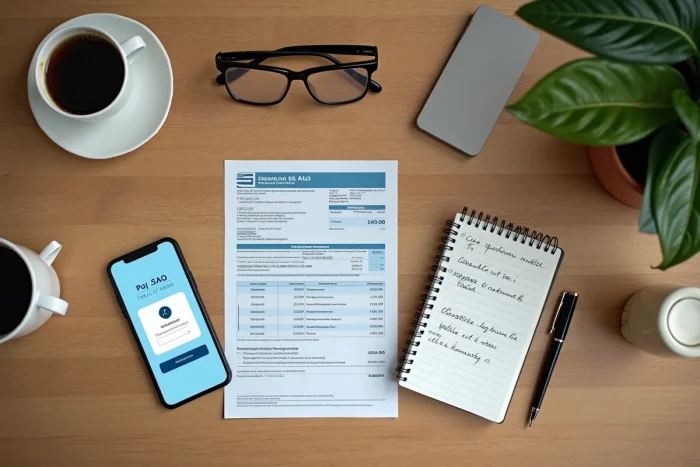 Relevé bancaire français et application mobile sécurisée sur un bureau en bois pour comparer les banques sûres en 2024
