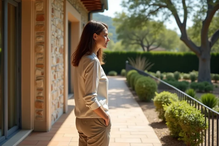 Femme élégante sur la terrasse d'une résidence française moderne avec jardin paysager
