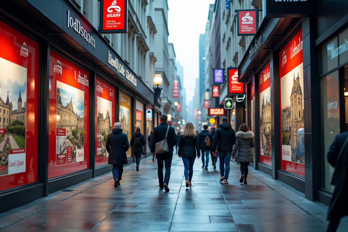 Rue urbaine avec agences immobilières colorées