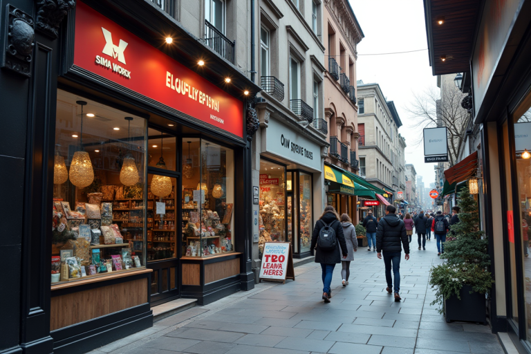 Rue urbaine en journée avec boutiques originales