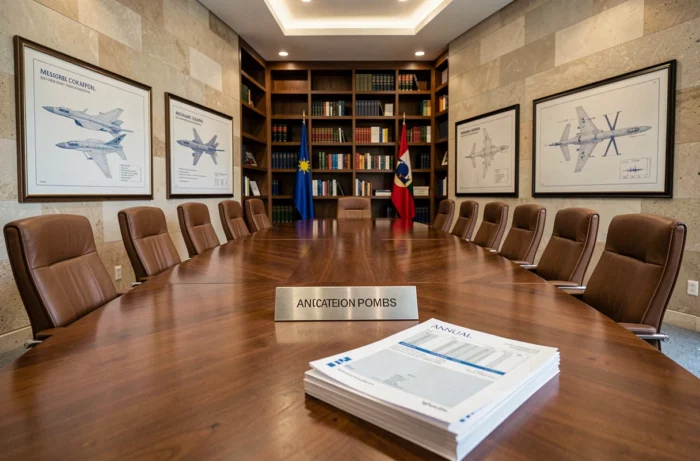 Salle de direction d'un grand groupe aéronautique avec rapports annuels et plans d'avions encadrés au mur