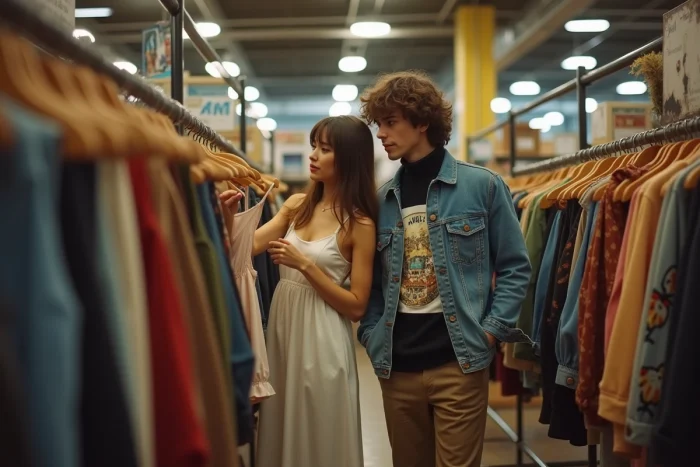 Deux amis en tenues style années 90 fouillant des vêtements vintage dans une boutique de friperie aux ambiances chaleureuses