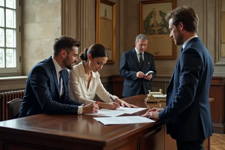 Couple signant un acte de mariage officiel à la mairie devant un officier d'état civil en France