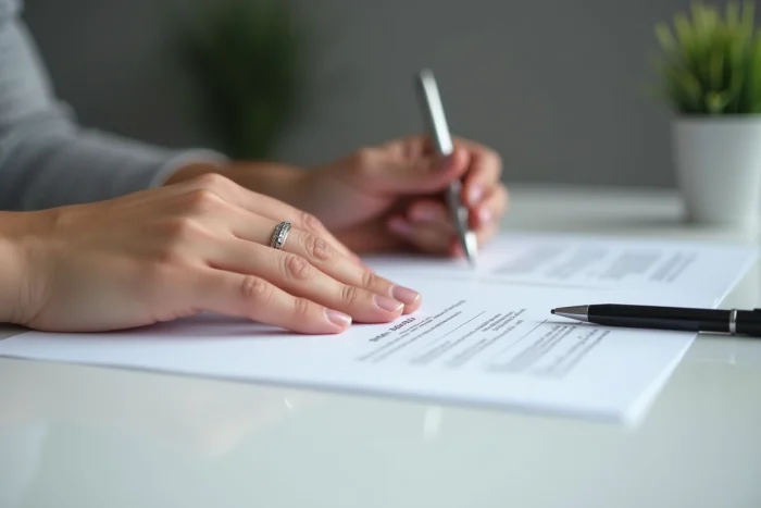Mains signant des papiers de divorce avec une alliance posée sur la table