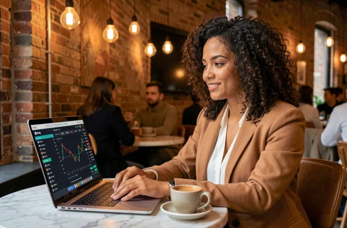 Femme consultant une plateforme de trading de cryptomonnaies dans un café branché