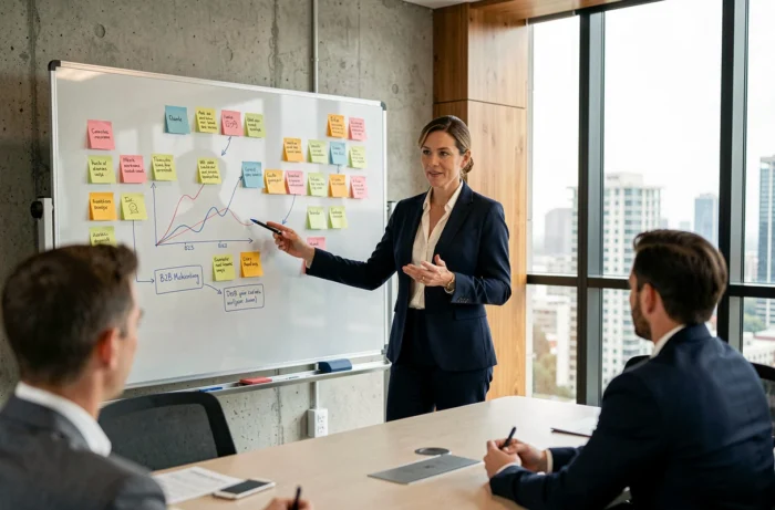 Professionnelle en blazer marine présentant une stratégie marketing B2B sur un tableau de verre dans un bureau contemporain