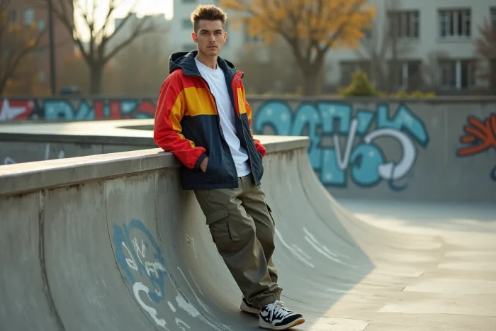 Homme en tenue streetwear années 90 avec veste coupe-vent color block et cargo pants dans un skate park urbain