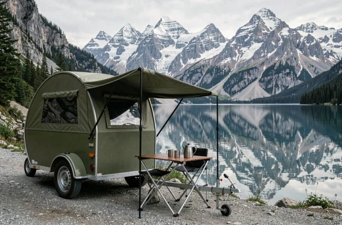 Remorque teardrop en kit de couleur vert olive installée au bord d'un lac de montagne avec reflet des sommets enneigés