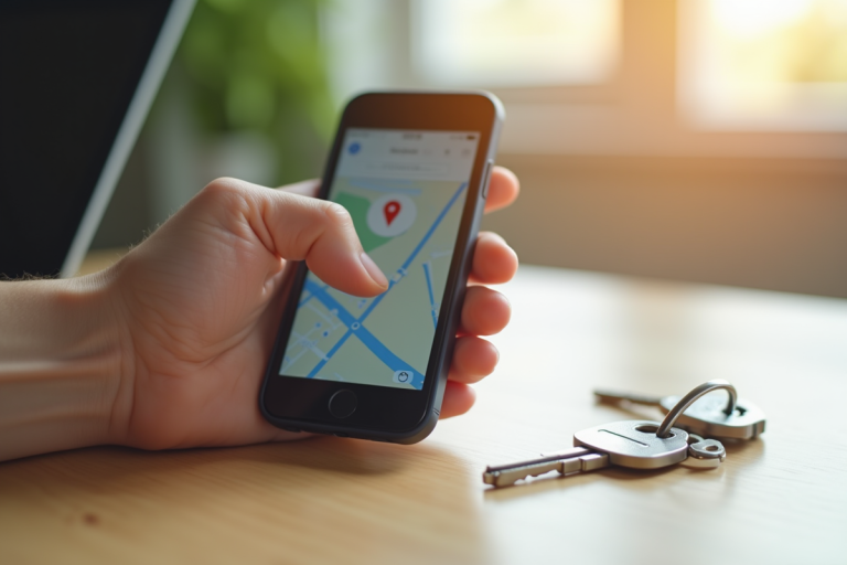 Main tenant un smartphone avec une application de suivi et des clés sur une table en bois clair