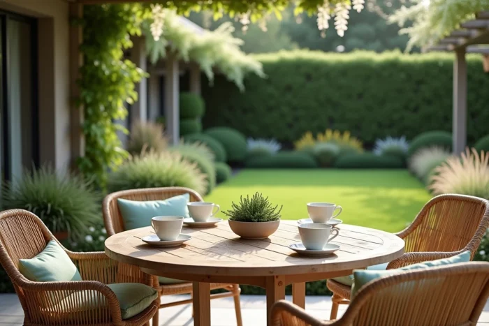 Terrasse extérieure aménagée avec table en teck, chaises en rotin et pergola couverte de glycine dans un jardin verdoyant