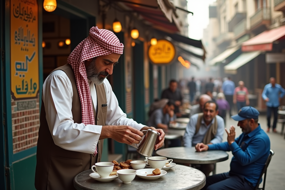 Vendeur de thé égyptien dans un café de Caire animé