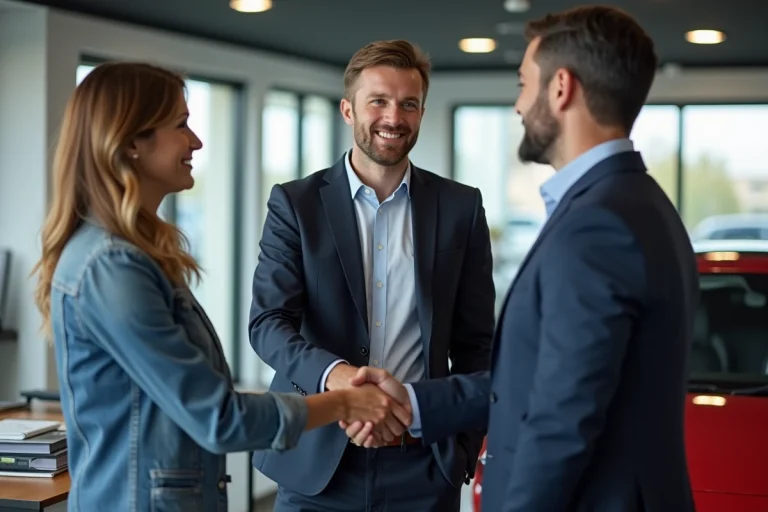 Vendeur automobile serrant la main d'un couple dans un bureau moderne
